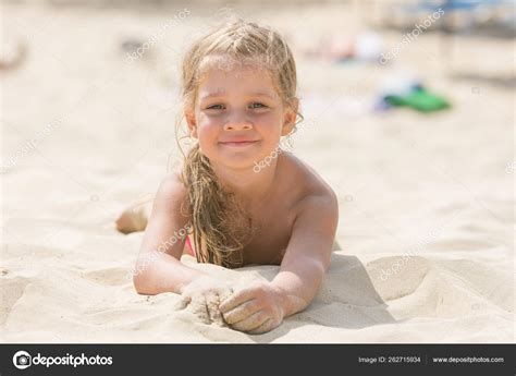 Pretty Girls Four Years Lying Sand His Stomach Beach Sunny Stock Photo