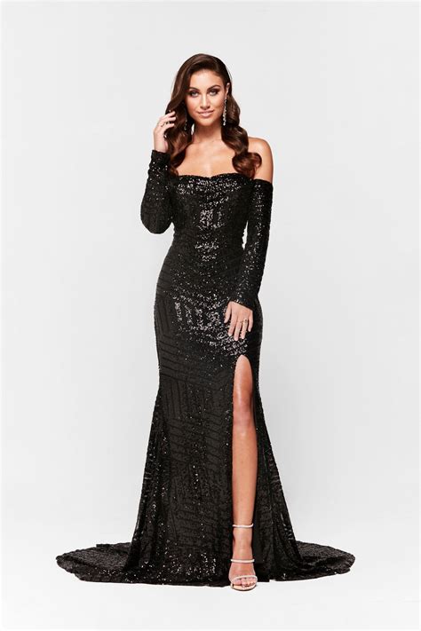 black sequin prom dress black gown dress sparkly dress long sleeve evening dresses