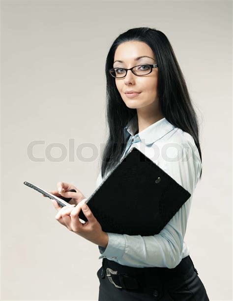 sexy brunette businesswoman assistant secretary portrait girl holding leather folder
