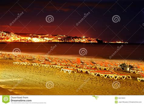 Plage De Playa Del Ingles La Nuit Dans Maspalomas Mamie Canaria Station Thermale Image Stock