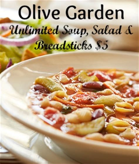 Enjoy breadsticks, garden fresh salad and homemade soup. Olive Garden Coupon: Unlimited Soup, Salad