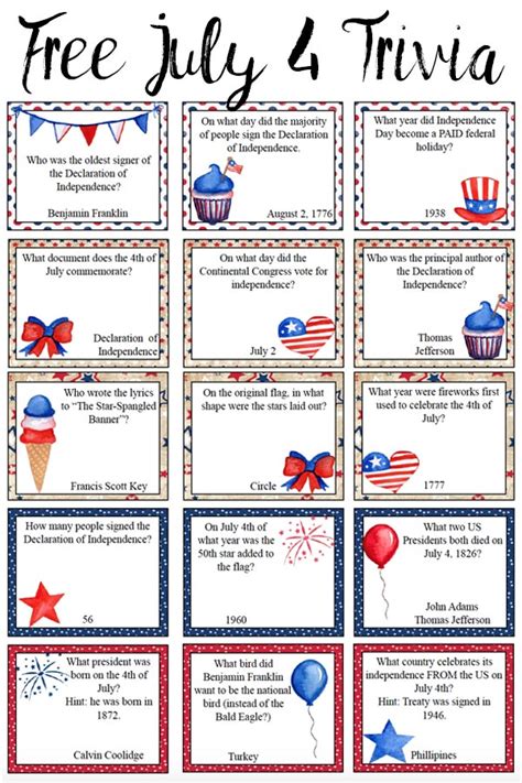 Scroll to the bottom of the post to the get the free printable cards! Free Printable 4th of July Trivia | 4th of july trivia, 4th of july, Free printables