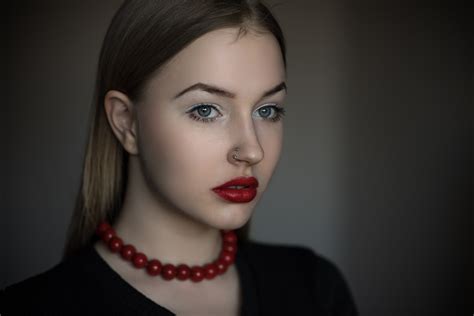 Wallpaper Face Women Model Blonde Depth Of Field Blue Eyes Red Lipstick Black Hair