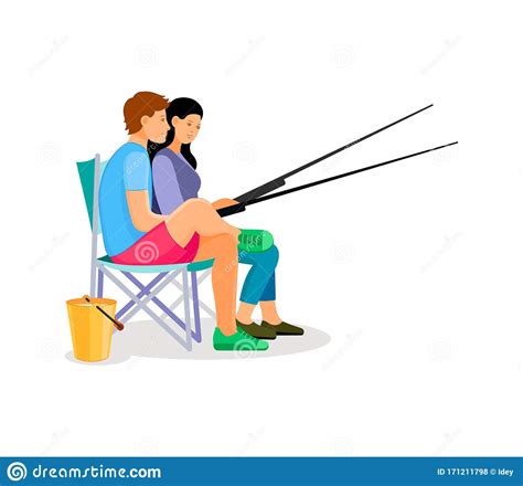 Couple Near The Lake On Chairs With Fishing Rods Fishing Stock