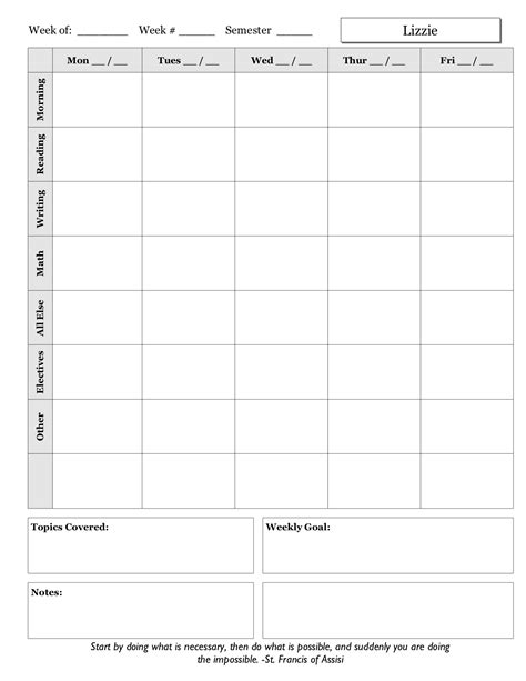 Weekly Schedule Sheet Examples A Plan In Place