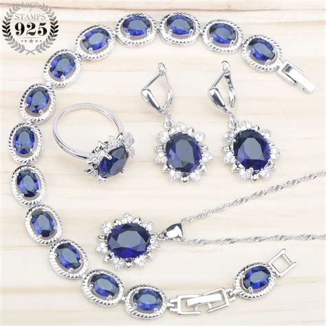 Women Blue Zircon Silver 925 Costume Jewelry Sets Women Bracelets