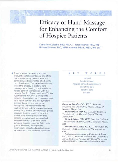 Pdf Efficacy Of Hand Massage For Enhancing The Comfort Of Hospice