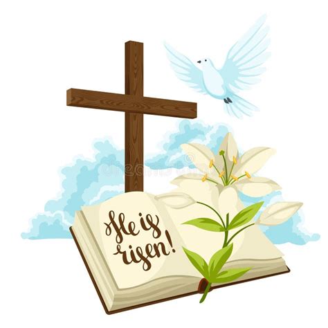 Wooden Cross With Bible Lily And Dove Happy Easter Concept
