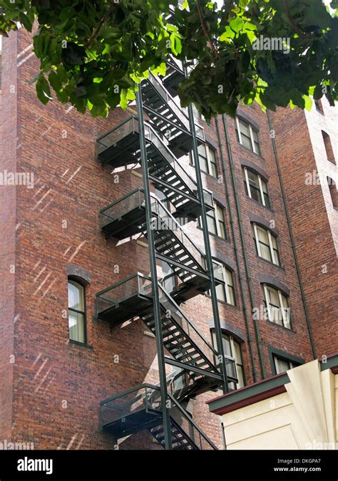 Long Flight Of Stairs Fire Escape Emergency Exit On Exterior Wall Of