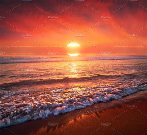 Beautiful Red Sunset On Beach By Mimadeo On Creativemarket Red