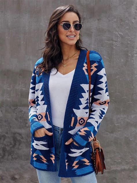 Geometric Pattern Pocket Cardigan Sweater Fashion Women Clothes