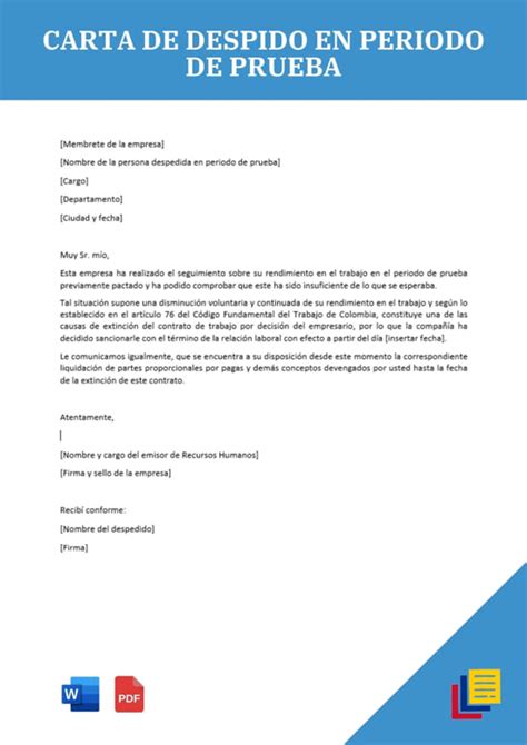 Carta De Despido Laboral Periodo De Prueba New Sample