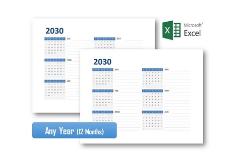 Any Year Calendar Blue Excel Spreadsheet Template Etsy