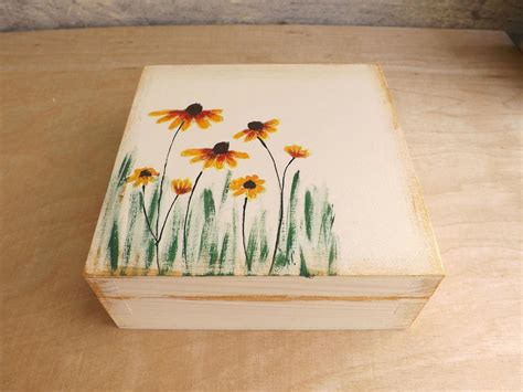 Wood Small Box With Coneflowers Hand Painted Echinacea Flower Custom