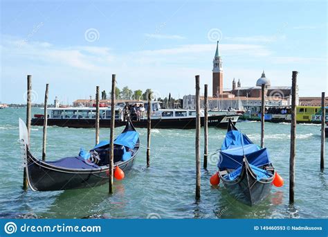 Venice Lagoon San Giorgio Maggiore Island Two Gondolas Anchored At