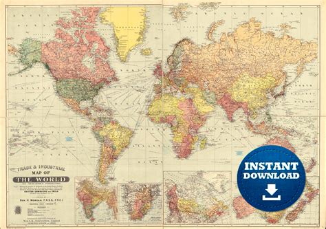 Digital Vintage Colorful World Map Printable Download Vintage World