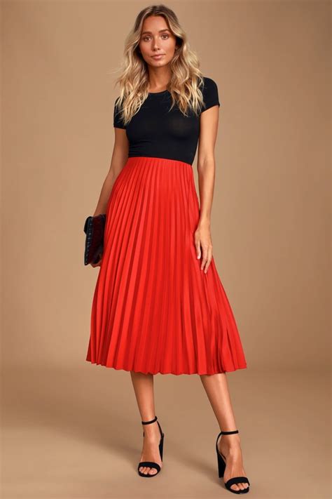 galena red satin pleated midi skirt red pleated skirt outfit red skirt outfits red pleated skirt