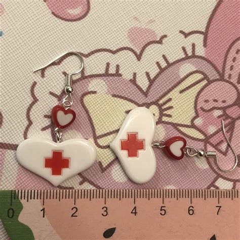 Cute Red Nurse Heart Drop Earrings Menhera Hospital Etsy