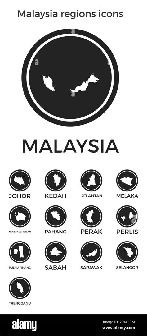 Malaysia Regions Icons Black Round Logos With Country Regions Maps And