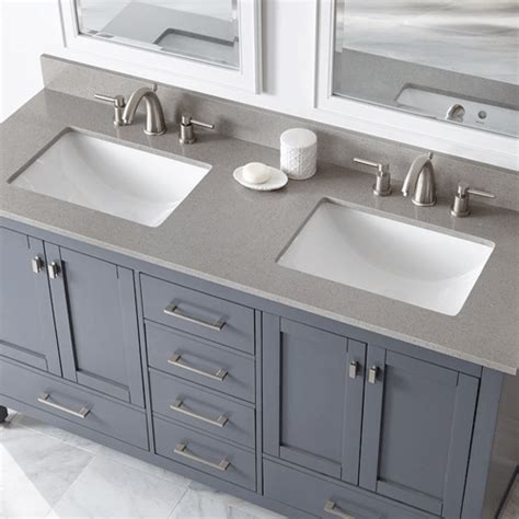 A new bathroom vanity top with a sink gives your bathroom a fresh, restored feel. 61in. W x 22 in. D Engineered Quartz Vanity Top in White ...