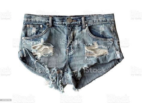 Blue Denim Shorts Ripped Isolated On White Background Flat Lay Stock