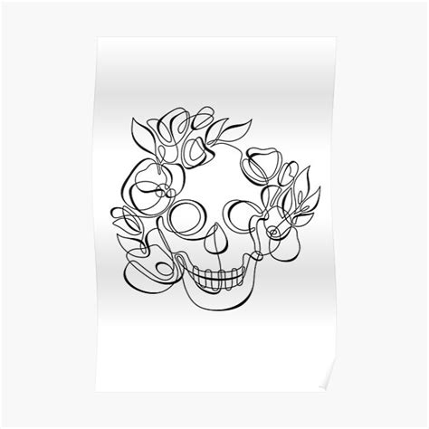 Minimalistic Continuous Line Skull With Poppies Poster For Sale By