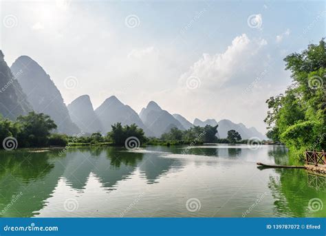 Scenic View Of The Yulong River And Karst Mountains Yangshuo Stock