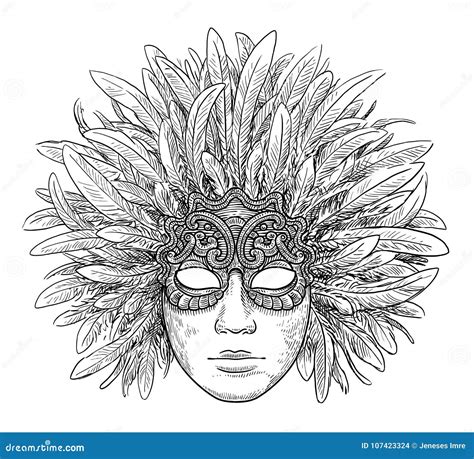 Venetian Mask Illustration Drawing Engraving Ink Line Art Vector