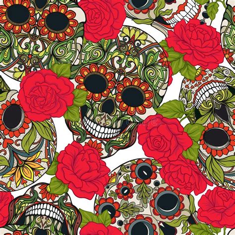 Seamless Pattern Background With Sugar Skull And Red Roses Stock
