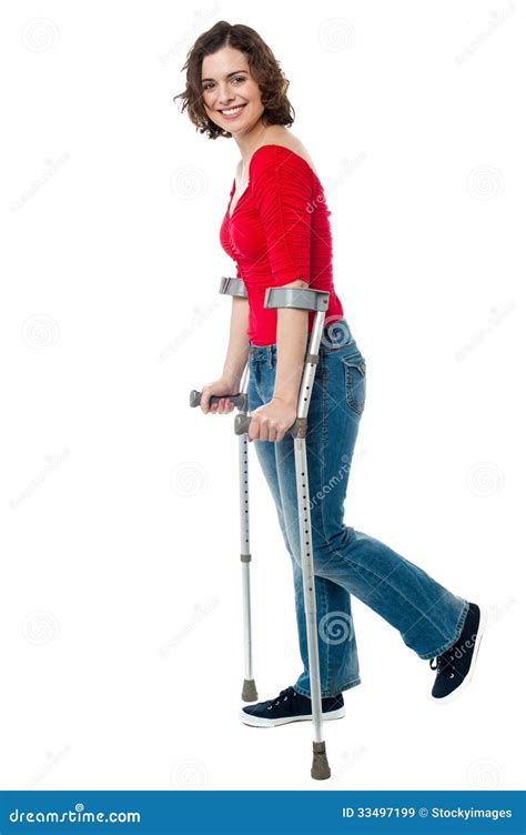 Young Woman Walking With Crutches Stock Image Image Of Medical