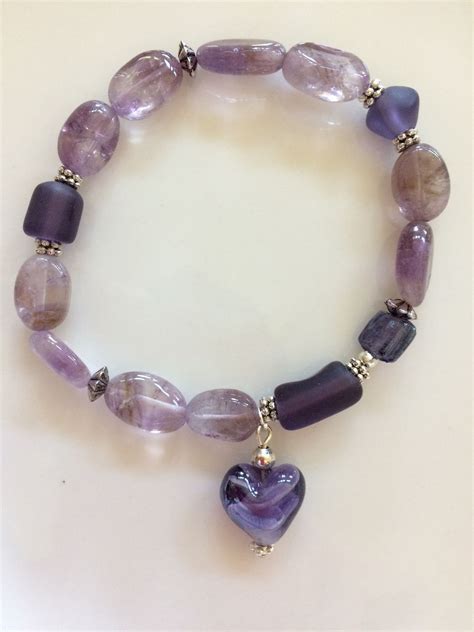 Beautiful Amethyst Glass Beads Bracelet With Heart Pendant Glass