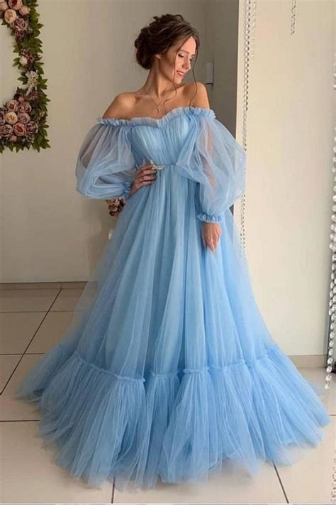 Buy Ball Gown Blue Tulle Prom Dresses Long Sleeve Off The Shoulder