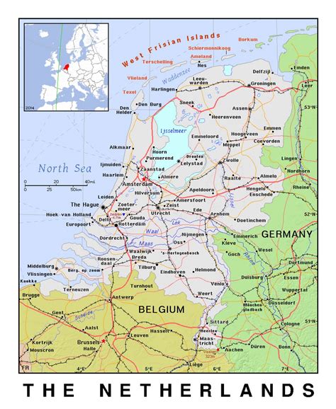 Los países bajos, comúnmente llamado por el topónimo holanda debido a su región histórica dividida en las provincias de holanda septentrional y holanda meridional en el año 1840, el mapa de los. Detallado mapa político de los Países Bajos con alivio ...