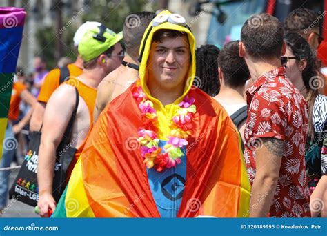 the participant of gay pride parade at concorde place in paris france editorial image image