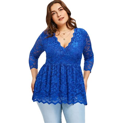 gamiss women casual blouses plus size 5xl floral low cut lace peplum top 2018 sexy v neck long