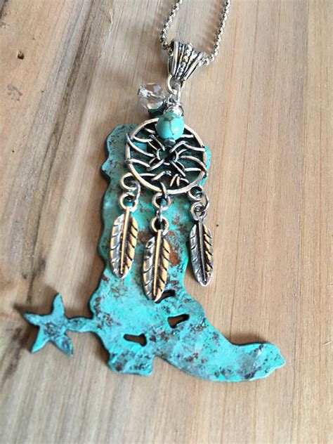 Turquoise Cowboy Boot Pendant Dreamcatcher Cowgirl Necklace Etsy