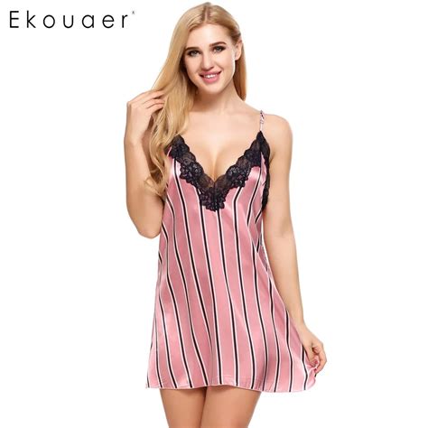 Ekouaer Brand Lace Patchwork Nightgown Women Sleeveless Sleepwea Striped Sleepwear Dress High