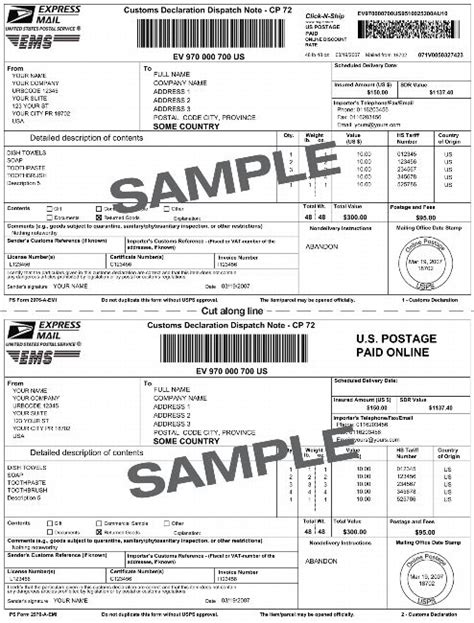 Sample Express Mail International Shipping Label With Customs Form