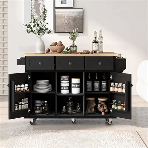 Kitchen Cart With Rubber Wood Drop Leaf Countertop 5 Wheels With