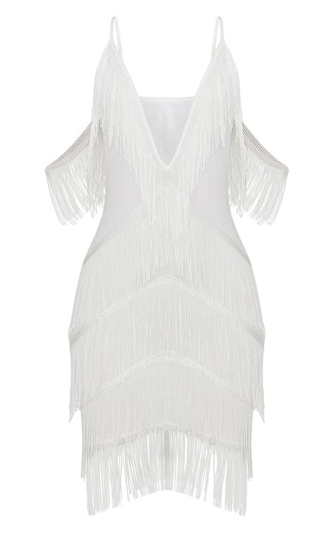 White Tassel Detail Plunge Bodycon Dress Prettylittlething