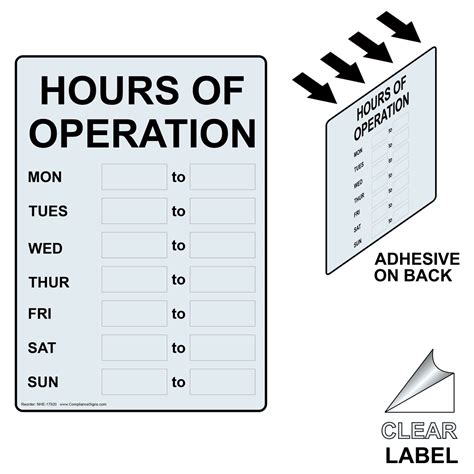 Hours Of Operation Label Nhe 17920 Dining Hospitality Retail