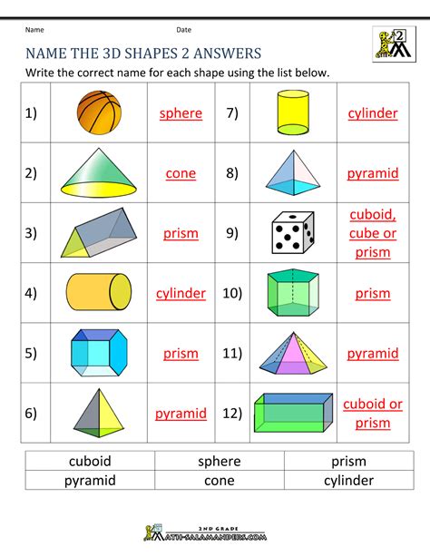 3d Shapes Names And Properties Worksheet