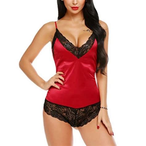 Women Satin Lingerie Bodysuit Lace Sexy Backless Deep V Stretch One Piece Bodysuit Lace Ice Silk