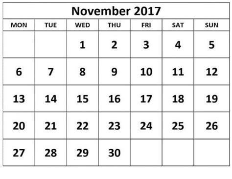 2017 November Calendar Template Download Oppidan Library