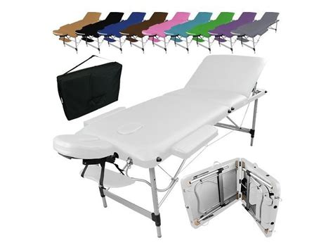 Table De Massage Pliante 3 Zones En Aluminium Accessoires Et Housse De Transport Blanc