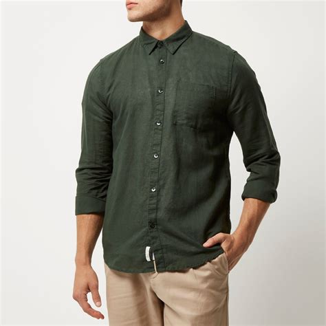 Lyst River Island Dark Green Linen Rich Shirt In Green For Men