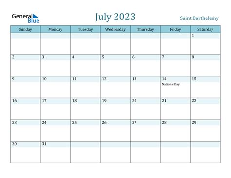 Saint Barthelemy July 2023 Calendar With Holidays