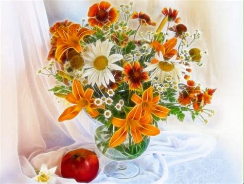 Bunch Of Flowers And An Red Apple White Daisys Orange Lilys Red
