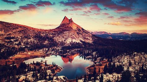 Mountain Trees Snow Clouds Water Valley Lake Sunset Winter Wallpaper