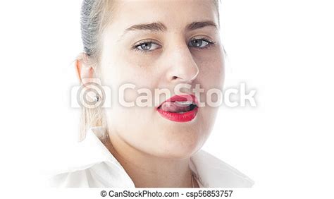 Closeup Isolated Portrait Of Sexy Young Woman With Red Lipstick Licking